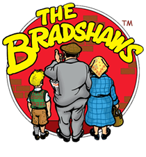 cartoon of writer under a table - 'The Bradshaws' was created by Buzz Hawkins and is a British comedy soapette running continuously on radio for 38 years (and still counting), and featuring the family Bradshaw - Alf, Audrey and little Billy,
